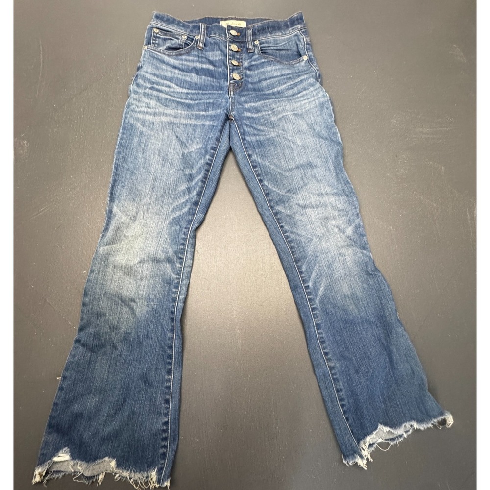 Madewell Women's Size 26 Cali Demi Boot Jeans Blue Stretch Button Fly Frayed Hem